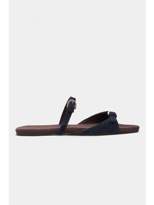 Nişantaşı Shoes Calina Lacivert Süet Çift Tokalı Düz Taban Kadın Terlik