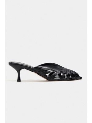 Nişantaşı Shoes Rosie Siyah Metalik Burnu Açık Detay Kafesli Kadın Topuklu Terlik