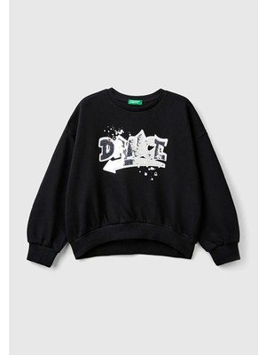 United Colors Of Benetton Kız Çocuk Siyah Önü Pullu Baskı Detaylı Bisiklet Yaka Sweatshirt