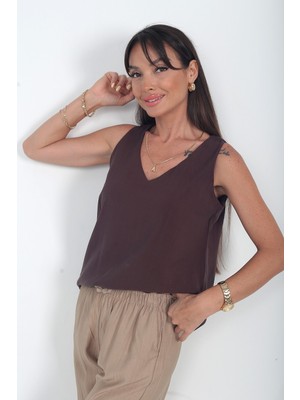 By Saygı Kadın V Yaka Pervazlı Italyan Cotton Lyocell Bluz