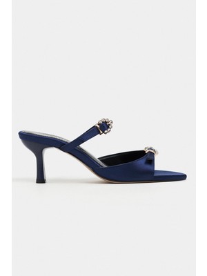 Nişantaşı Shoes Calista Lacivert Saten Toka Detay Sivri Burun Kadın Topuklu Terlik