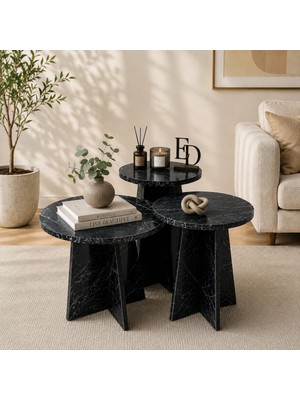 ED Efelez Design Zigon Sehpa , Mantar 3'lü Zigon Sehpa, Orta Sehpa Takımı, Yan Sehpa, Siyah Mermer Tabla