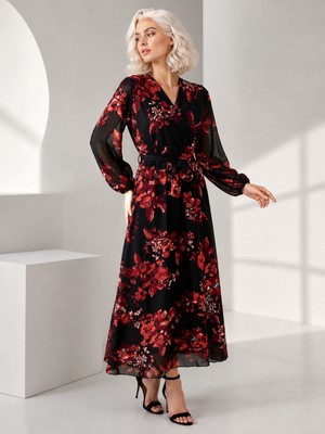 Bidesing Kadın Siyah Floral Desenli Uzun Elbise Şifon Kollu Şık Maxi Elbise
