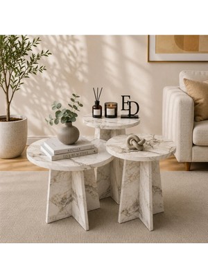 ED Efelez Design Zigon Sehpa , Mantar 3'lü Zigon Sehpa, Orta Sehpa Takımı, Yan Sehpa, Beyaz Mermer Tabla