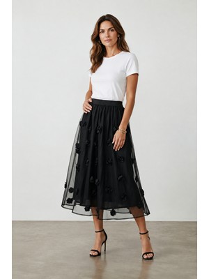 Bihan Store Kadın Gül Desenli Etek Y26-50816 - Siyah