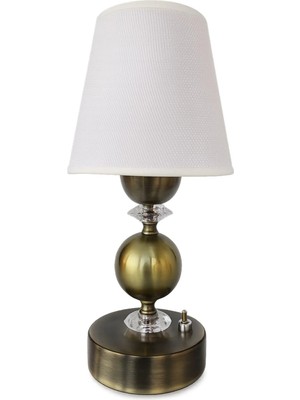 Fey Abajur El Yapımı Pilli LED Masa Lambası Eskitme Metal Gövdeli Kristal Detaylı Krem Kumaş Şapkalı Dekoratif Gece Lambası 30 cm
