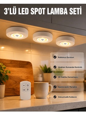 Ototechparca Kablosuz 3 Lü Spot LED Lamba Seti Uzaktan Kumandalı Enerji Tasarruflu Aydınlatma