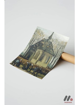 Modiwa Design Van Gogh Köy Kilisesi, Çerçevesiz Yüksek Kalite Duvar Afişi - Sanatsever Hediyesi