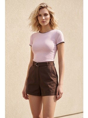 Sherin Pembe Basic Süs Dikişli Tişört
