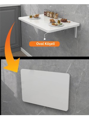 Ratemo Mobilya 90X50 cm Beyaz Oval Köşeli Duvara Monte Katlanır Masa | Mekanizmalı Açılır Kapanır Duvar Masası