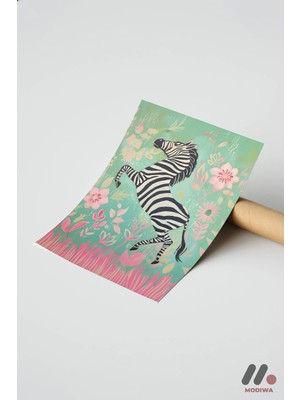 Modiwa Design Çiçekli Zebra İllüstrasyonu, Çerçevesiz Yüksek Kalite Duvar Afişi - Hayvan Severlere Hediye