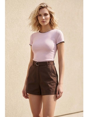 Sherin Pembe Basic Süs Dikişli Tişört