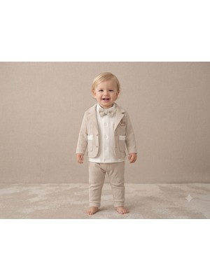 Mini Pakel 4'lü Nakışlı Erkek Takım 0-3 ay, 3-6 ay 6-9 ay 9-12 ay Erkek Bebek Takım mendilli ceket+gömlek + pantolon Yenidoğan Bebek Takım