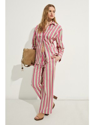 Grimelange Mırel Kadın Oversize Fit %100 Organik Pamuklu Pembe Çizgili Gömlek
