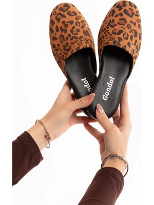 Gondol Kadın Içi Dışı Hakiki Deri Şık Ev Terliği ÖZL.960 Taba Leopar
