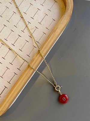 Melonika Dorika Zincirli Taşlı Kolye- 60 cm - Kırmızı Mlnk