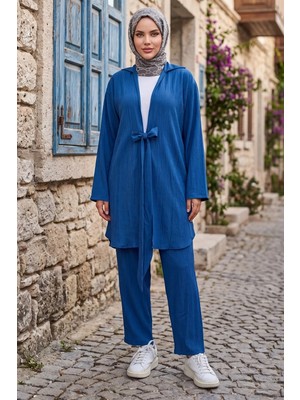 Hafsa Mina Bağlamalı Kimonolu Ikili Takım Indigo HM2938