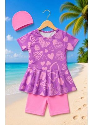 My Kids Wear Kız Çocuk Desenli Şortlu Bone’li Mayo Takımı 12875