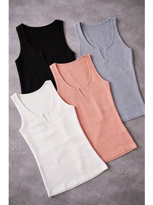 Demirsa Boutique Modelli, Fitilli Kaşkorse Kumaş Geniş Askılı V Yaka 4'lü Mavi, Pudra, Siyah ve Beyaz Kadın Atlet