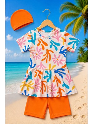 My Kids Wear Kız Çocuk Desenli Şortlu Bone’li Mayo Takımı 12873