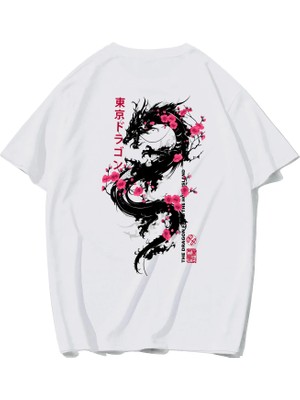 Brz Collection Unisex Oversize Of The Island Dragon - Tokyo Ejderhas T-Shirt (Beyaz)