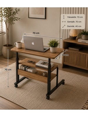 Homedora 70X40 cm Tekerlekli Laptop Sehpası – Çok Amaçlı Çalışma Masası | 2 Raflı Ahşap Metal Tasarım