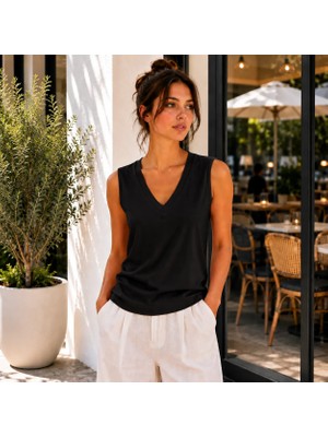 Hayalet Kadın V Yaka Kolsuz T-Shirt Ultra Soft Basic Bluz