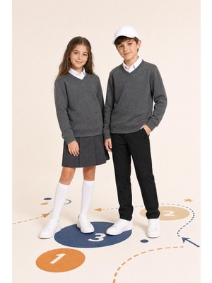 Perendi Unisex Çocuk Kışlık V Yaka Polarlı Okul Sweatshirt