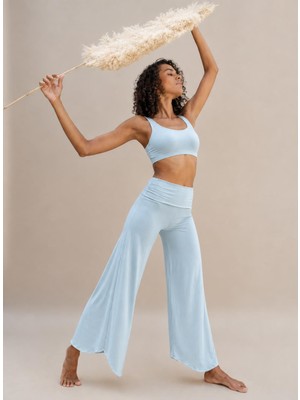 SUNYOGA Kadın Yoga Takımı Viskon Penye Likralı Yüksek Bel Palazzo Pantolon Içten Şortlu Spor Büstiyer Pilates Meditasyon Takımı