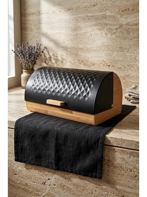 Atbyhome Bambu Gövdeli Siyah Pane Ekmek Dolabı 38X25X18.5 cm - Mekanizmalı Metal Kapaklı Ekmeklik