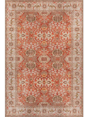 Artloop Relic Kırmızı Bej Vintage Çiçekli Klasik Desenli Dokuma Tabanlı Şönil Halı Al 553