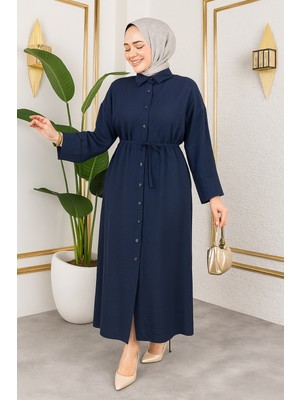 Modestim Kadın Gömlek Yaka Boydan Düğmeli Geniş Kol Detaylı Dokuma Çilek Kuşaklı Uzun Tesettür Elbise Lacivert