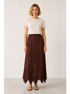 Bihan Store Beli Lastikli Pliseli Asimetrik Kesim Maxi Etek Y26-010-KAHVE