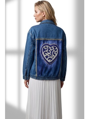 Room 8 Kadın Mavi Kot Ceket, Sırtı Incili Kalp Motifli Cepleri Boncuklu Denim Ceket - Sadece 1 Adet Özel Koleksiyon
