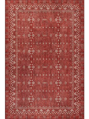Artloop Folk Kırmızı  Minimal Etnik Geometrik Desenli Dokuma Tabanlı Şönil Halı Al 575