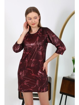 Modi Moda Çizgi Kadın Micro Kumaş Mini Parlak Elbise 7420 Bordo