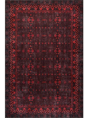 Artloop Relic Siyah Kırmızı Vintage Minimal Etnik Geometrik Desenli Dokuma Tabanlı Şönil Halı Al 563