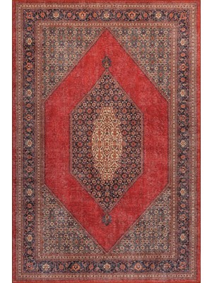 Artloop Folk Kırmızı Vintage Etnik Madalyonlu Klasik Desenli Dokuma Tabanlı Şönil Halı Al 620