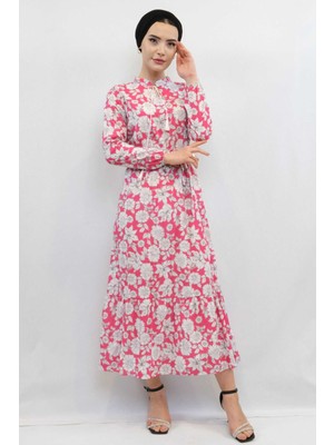 Modi Moda Çizgi Çiçek Desenli Pileli Elbise Fuşya