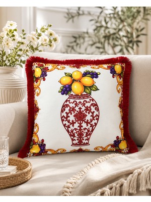 Sue Collection Limon & Üzüm Desenli Püsküllü Dekoratif Kırlent Kılıfı 43X43 cm [3tarafı Püsküllü]