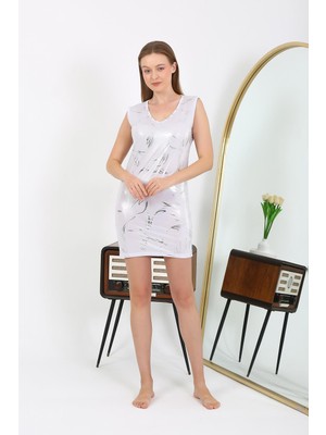 Modi Moda Çizgi Kadın Kalın Askılı Kısa Parlak Micro Ev Elbisesi Gecelik 7417 Beyaz