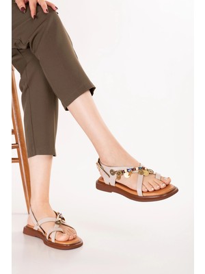 Gondol Hakiki Deri Vaketa Parmak Arası Süslü Sandalet CRM.305 Vizon