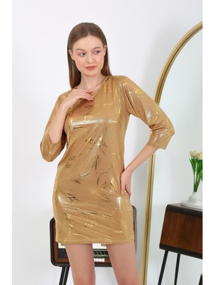 Modi Moda Çizgi Kadın Micro Kumaş Mini Parlak Elbise 7420 Sarı