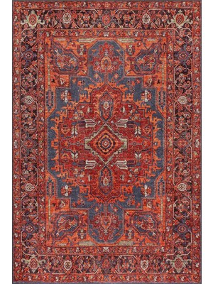Artloop Relic Turuncu  Vintage Klasik Madalyon Desenli Dokuma Tabanlı Şönil Halı Al 569
