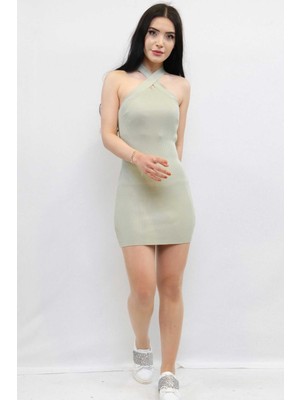 Modi Moda Çizgi Çapraz Yaka Triko Elbise Mint
