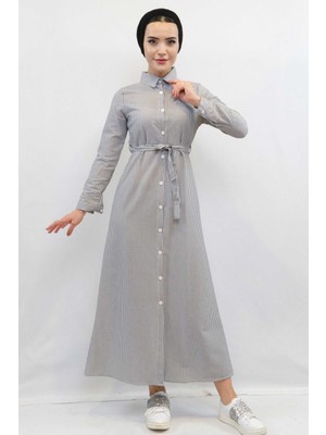 Modi Moda Çizgi Gofre Elbise Gri