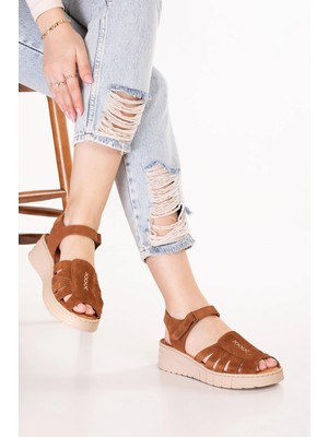 Gondol Hakiki Deri Rahat Günlük Sandalet RH.452 Taba Süet