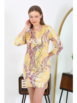 Modi Moda Çizgi Kadın Micro Kumaş Mini Parlak Elbise 7421 Sarı