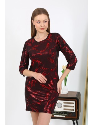 Modi Moda Çizgi Kadın Micro Kumaş Mini Parlak Elbise 7421 Kırmızı