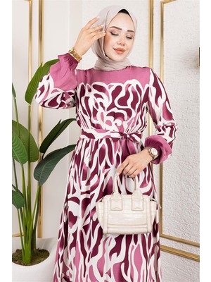 Modi Batik Desenli Tesettür Elbise Mürdüm